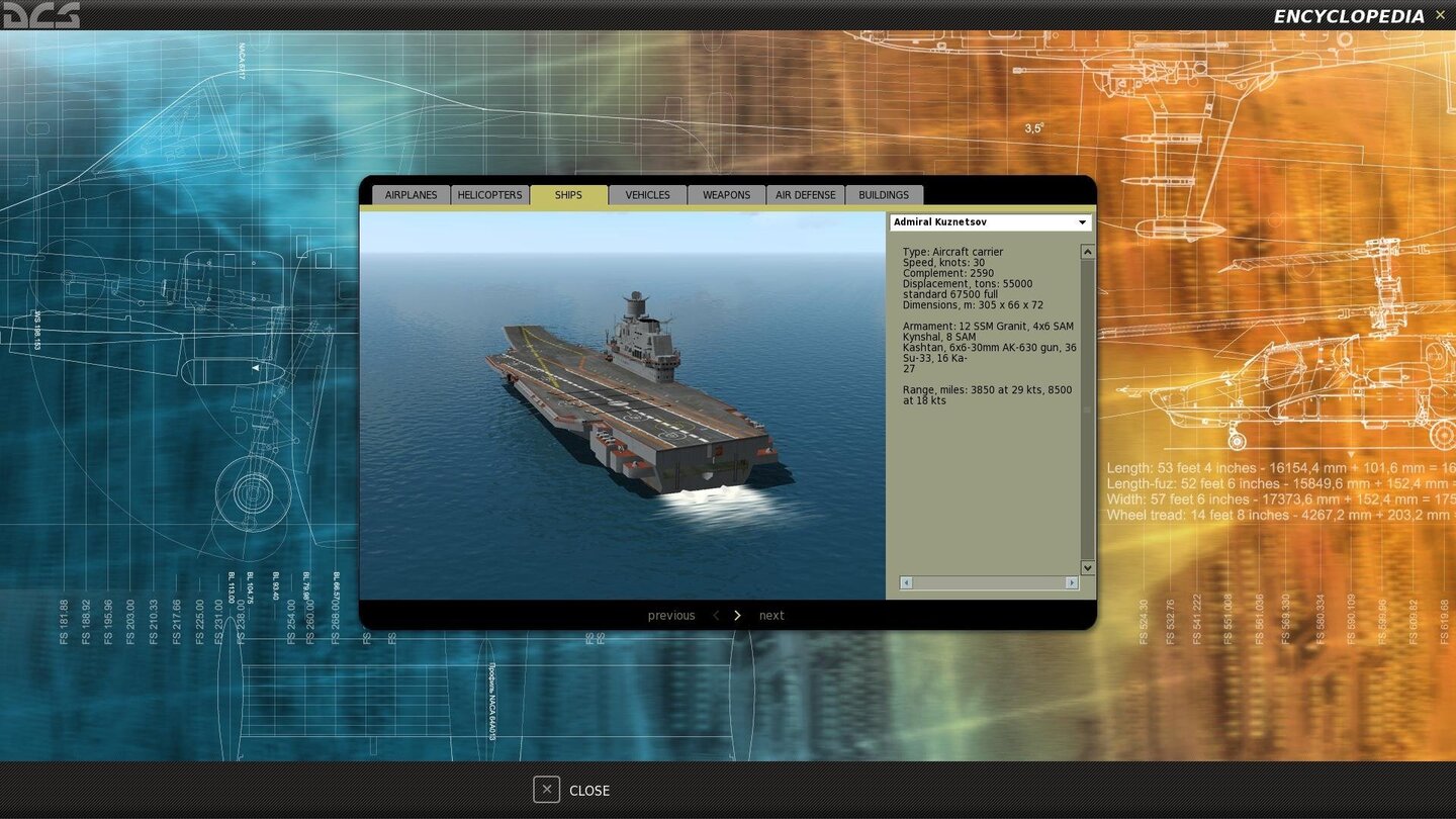 DCS: A-10C WarthogDie mitgelieferte Enzyklopädie liefert Daten zum jeglichem Militärgerät, und sei es ein Flugzeugträger.