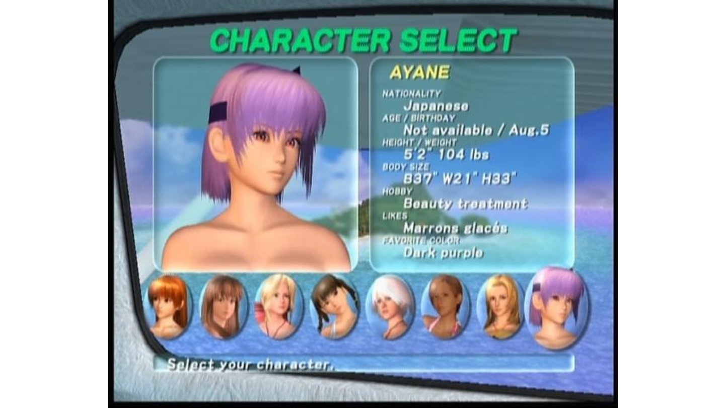 Character selection screen for Zack Island scenario.