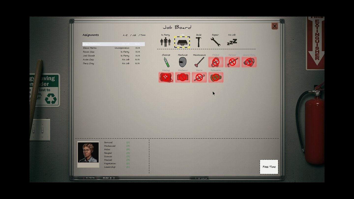 Dead State - Screenshots aus der Early-Access-VersionÜber das schwarze Brett verteilen wir Aufgaben an die Überlebenden. Wenn die Moral nicht stimmt, weigern sich die Leute aber, uns zu gehorchen.