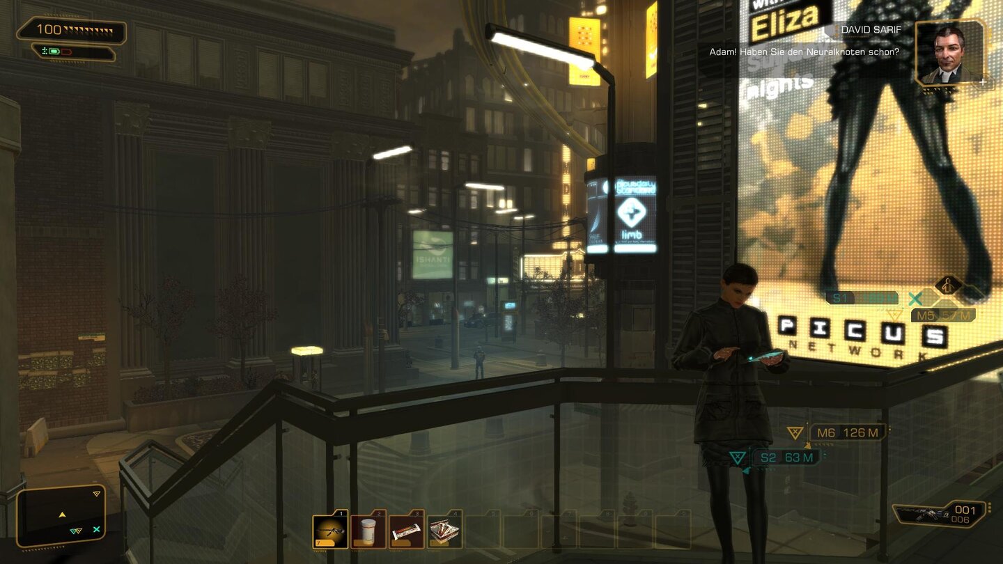 Deus Ex: Human Revolution - Director's CutIn den größeren Gebieten wie etwa Detroit können wir uns frei bewegen und folgen den blauen Anzeigen zu Neben-, den gelben zu Hauptaufgaben.