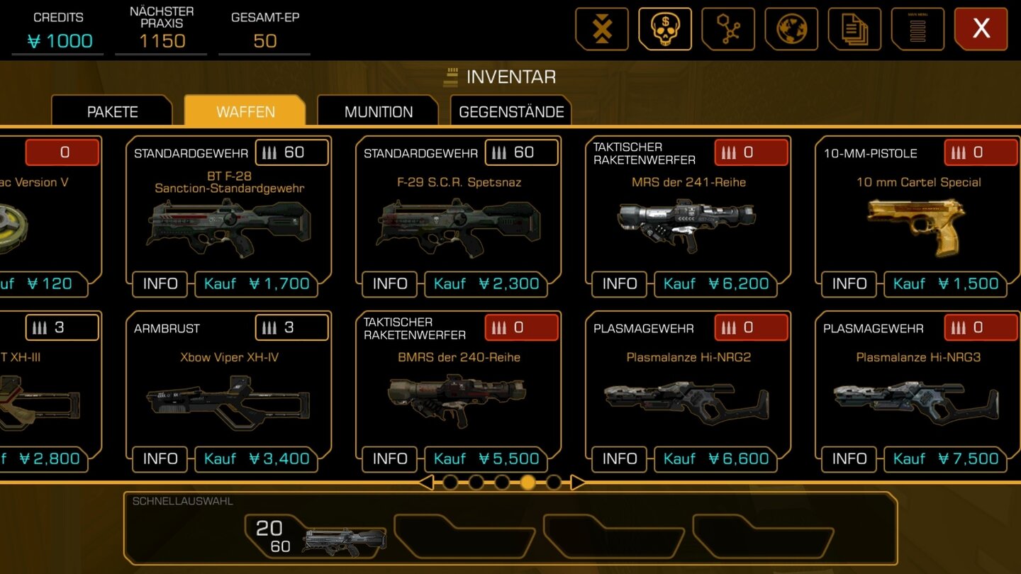 Deus Ex: The FallDas Kaufmenü ist ein Relikt der mobilen Tage von The Fall. Wir investieren jederzeit Geld gegen Waffen, Upgrades und Lebensenergie.