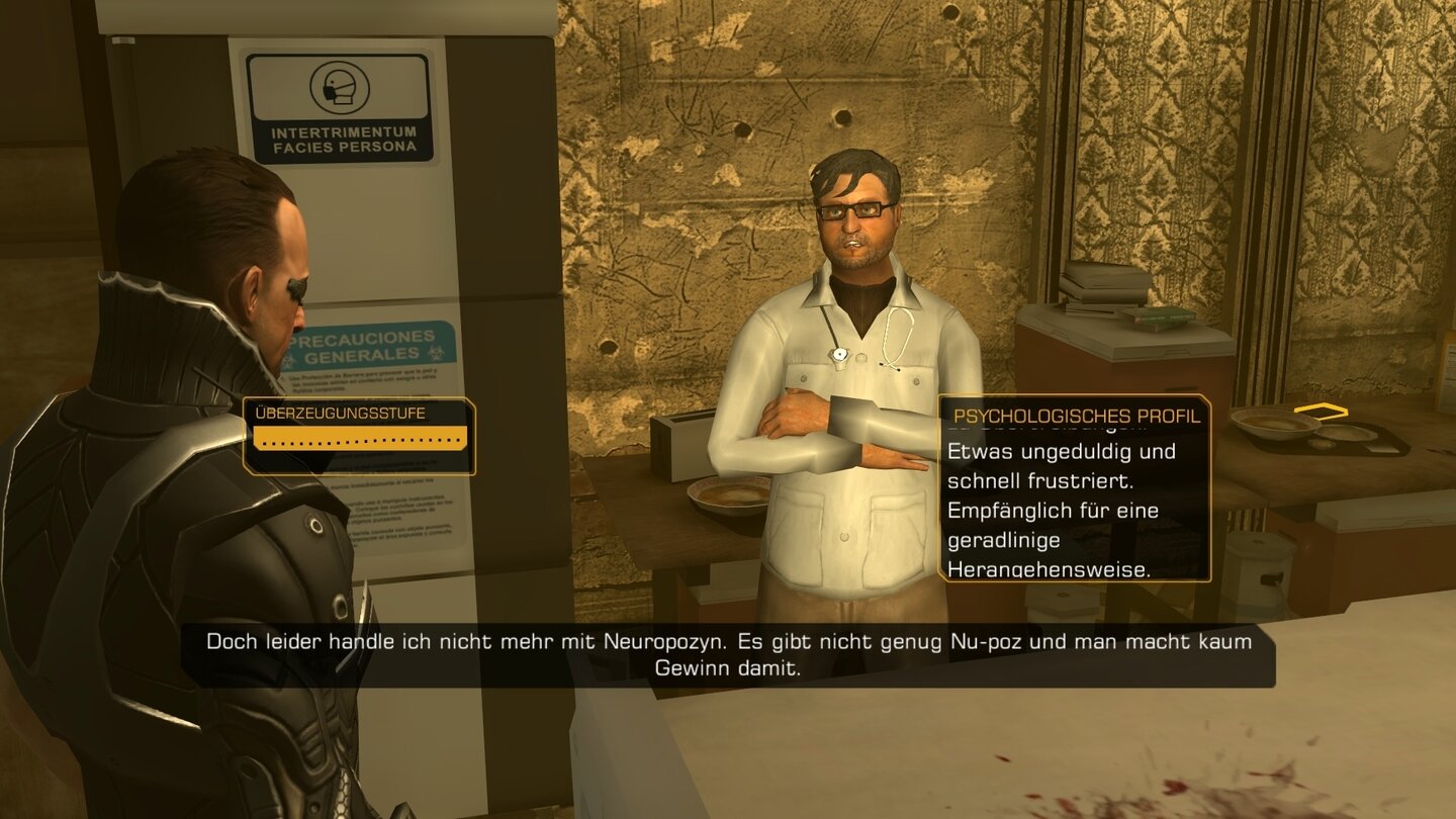 Deus Ex: The FallMit den passenden Augmentierungen können wir uns in Gesprächen Vorteile verschaffen. Das passiert aber sehr selten und meist finden wir auch ohne Hinweise die richtigen Antworten.