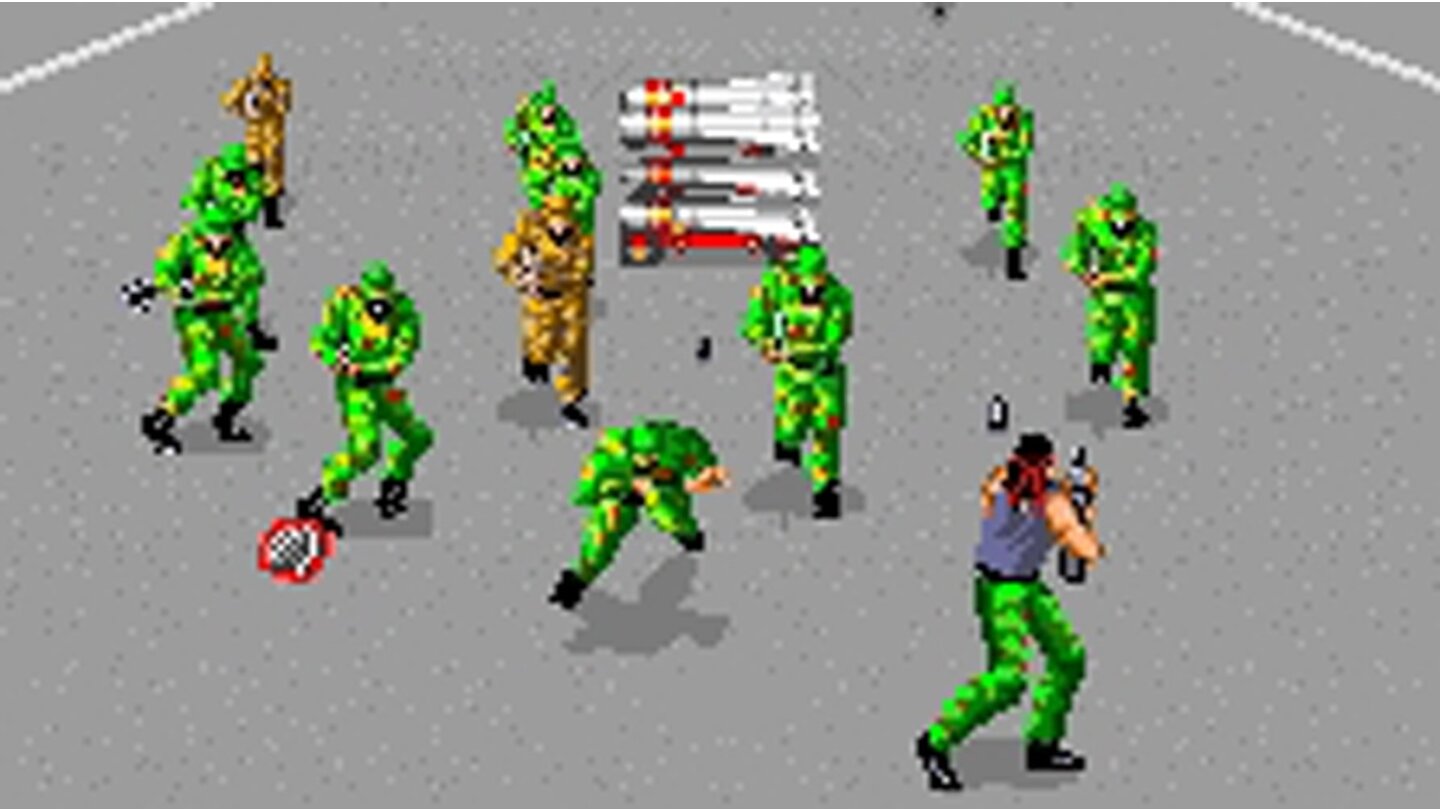 Devastators (1988)In Devastators, das ab 1988 auf Spielautomaten läuft, übernehmen wir die Kontrolle über einen Rambo-Klon, der es in Pseudo-3D-Umgebungen mit der ganzen Armee eines Diktators aufnimmt. Beim Vorankommen müssen wir immer wieder Deckung hinter Objekten suchen, um gegen die feindliche Übermacht bestehen zu können.