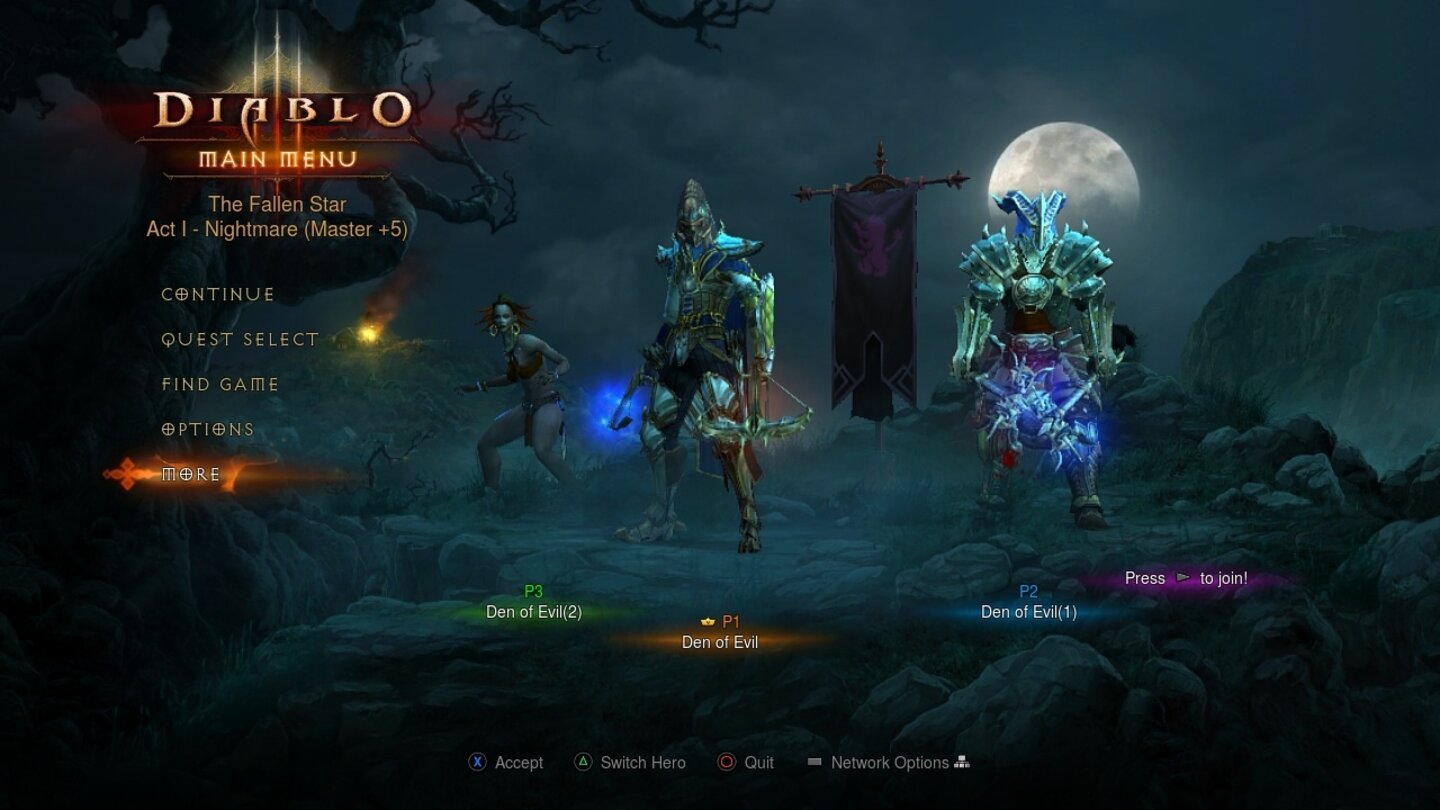 Diablo 3Im Hauptmenü sind die Teilnehmer des bevorstehenden Abenteuers zu sehen.