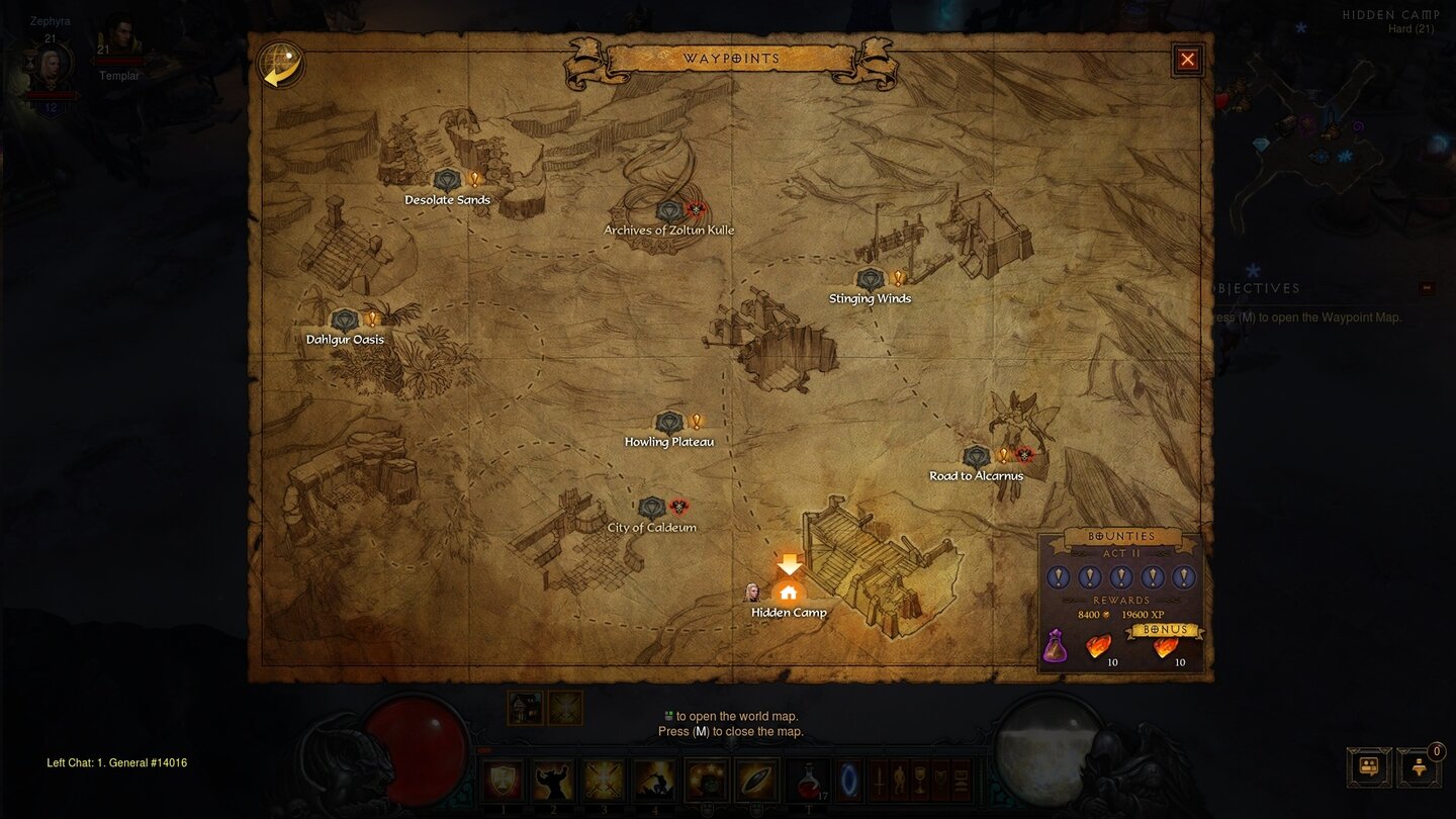 Diablo 3: Reaper of SoulsStatt einer Liste der Wegpunkte gibt es nun eine schicke Karte. Im Abenteuermodus stehen uns alle Gebiete offen, außerdem sind hier die Kopfgelder verzeichnet.