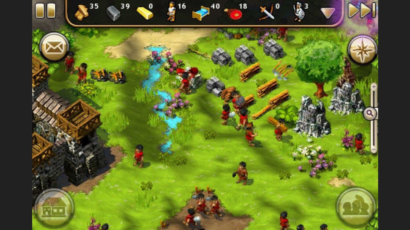 Die Siedler (iPhone)Das iPhone-Spiel „Die Siedler“ ist eine Umsetzung des legendären vierten PC-Teils. Ihr könnt vier Kampagnen spielen: die der Mayas, der Römer, der Wikinger und die Ereignisse rund um das Dunkle Volk. Diese bunte Mischung lebt auf einer Inselgruppe und befindet sich in ständigem Konflikt. Die Aufgabe des Spielers bleibt im Grunde immer gleich – wir sollen eine wachsende, lebendige Siedlung errichten und eine schlagkräftige Armee aufstellen. Wer nämlich mit seiner sich rasch ausdehnenden Stadt an feindliches Territorium stößt, entfesselt augenblicklich einen heftigen Krieg. Die iPhone-Fassung wird mit Fingerstrichen und Berührungen gesteuert, was zwar nicht so schnell wie die Maus-Kontrolle ist, aber dennoch zufriedenstellend funktioniert. Auf dem iPhone leidet die Übersicht natürlich unter dem kleinen Bildschirm. Wer ein iPad sein eigen nennt, hat mit diesem Problem weniger zu kämpfen. Da Die Siedler bei der Portierung nichts von seiner Komplexität eingebüßt hat, wurde ein (elendig langes) Tutorial eingebaut, um Gelegenheitsspielern den Einstieg zu erleichtern. Profis stößt das eher sauer auf. Insgesamt ist das Spiel aber sehr gelungen und für Freunde des Aufbau-Genres zu empfehlen.