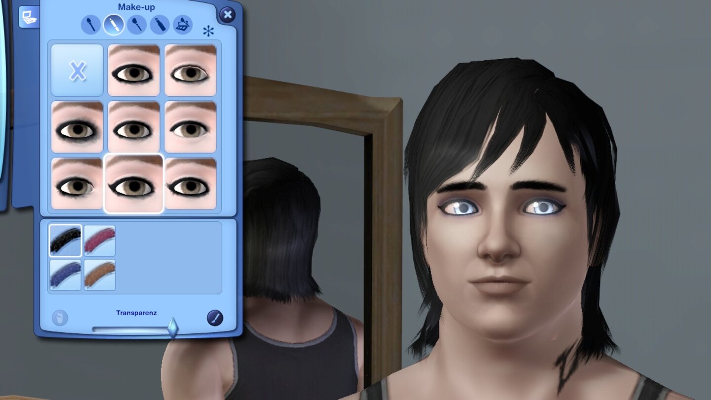 Die Sims 3: Late NightIm Editor geben wir unserem Kuschelvampir einen passend tranigen Look. Den kalkweißen Teint, die hellen Augen und das Tattoo am Hals hat das Spiel Schmonzo verpasst.