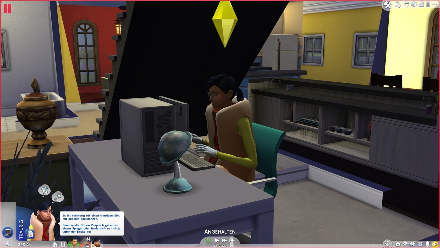 Die Sims 4 - Screenshots aus der Test-VersionJe nach Stimmung haben Sims andere Aktionswünsche. Diese junge Dame ist traurig (nein, nicht wegen dem Hotdog-Kostüm) und bloggt deshalb über ihre Gefühle.