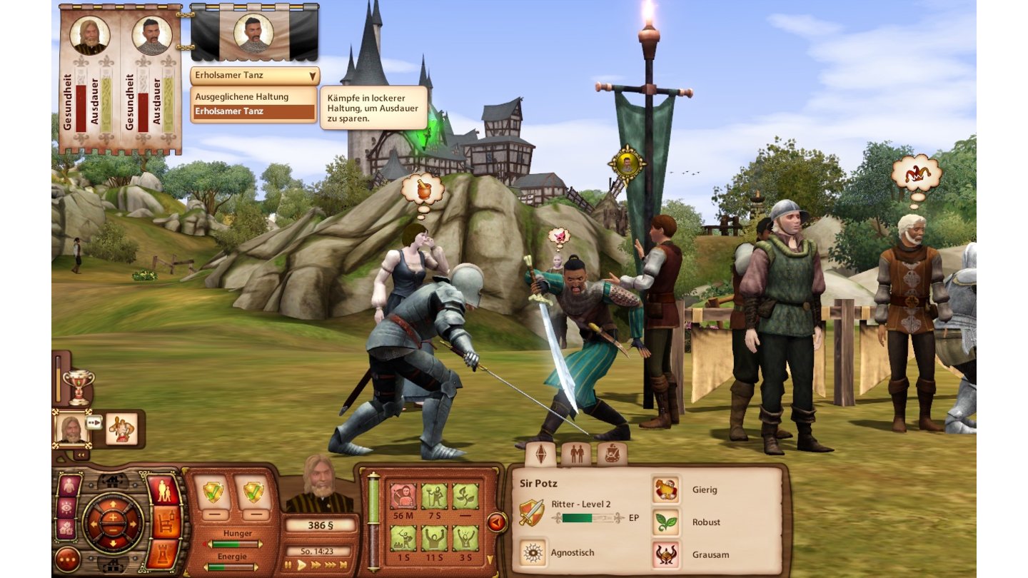 Die Sims: MittelalterDie witzigen Ritterkämpfe laufen automatisch ab, wir bestimmen auf Wunsch die Kampfhaltung