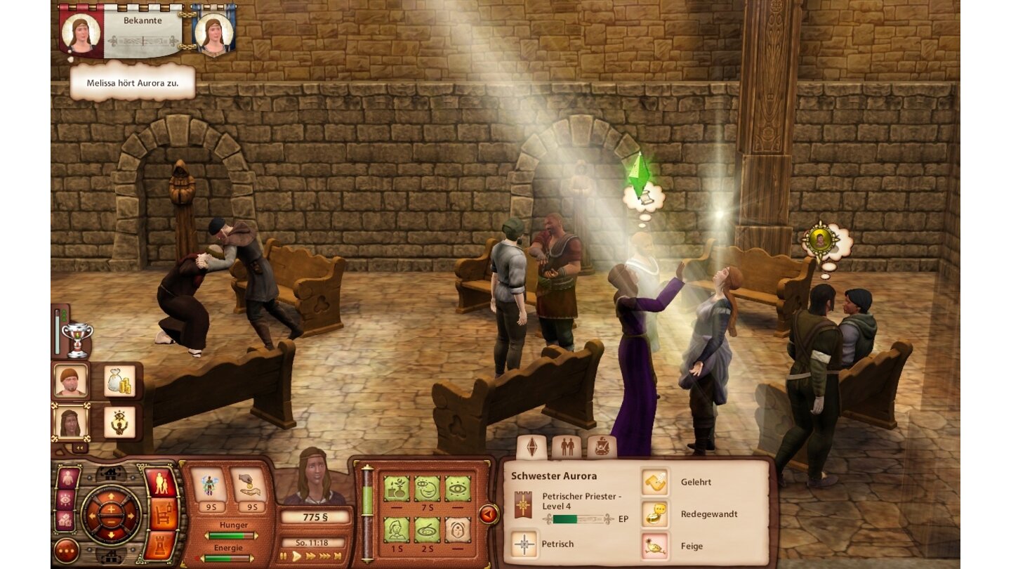 Die Sims: MittelalterWährend die Priesterin Segen verteilt, wird links gerangelt.