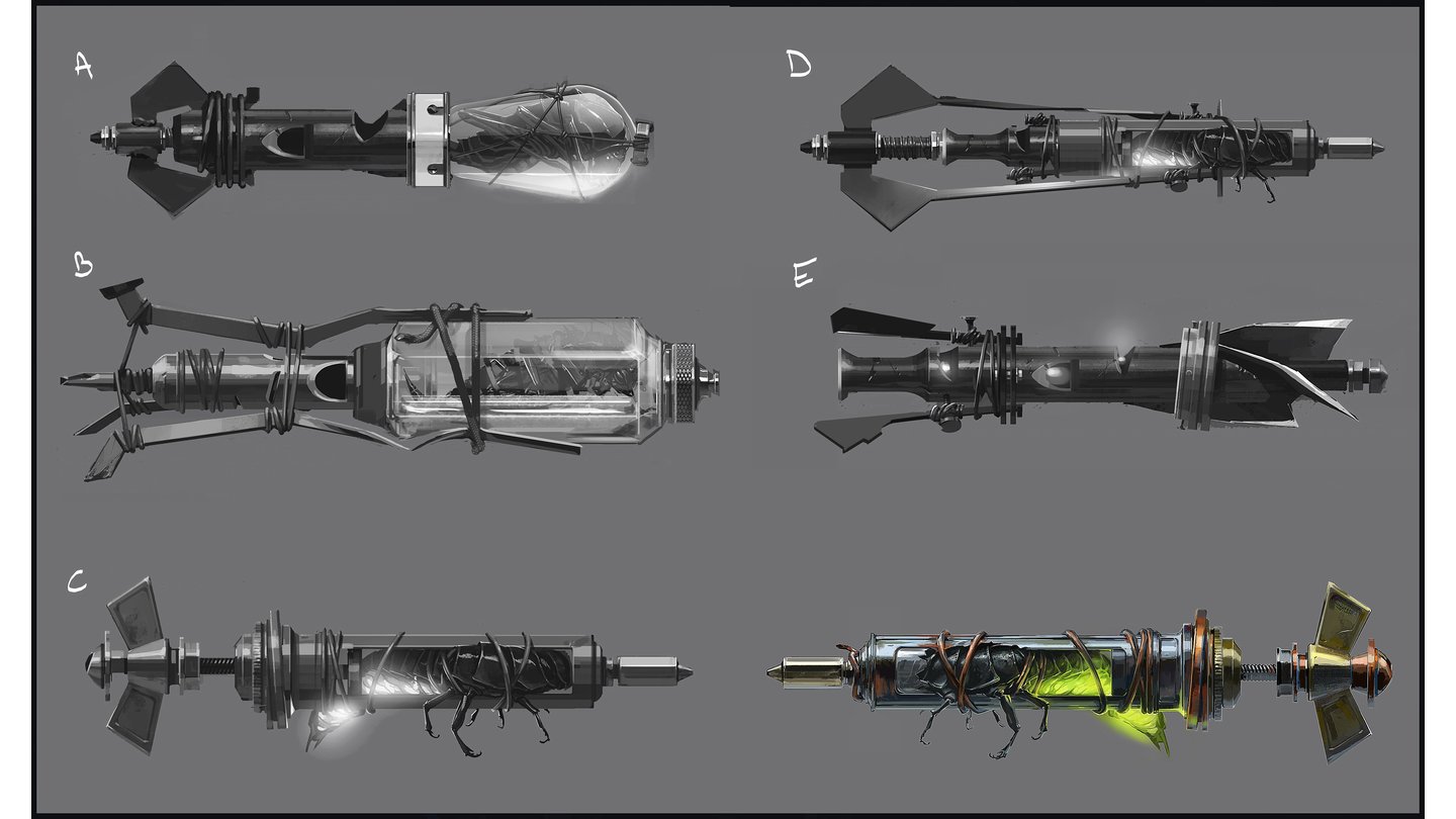 Dishonored 2 - Waffen, Fähigkeiten und GadgetsDie improvisierten Bolzen lassen den Entwicklern viel Spielraum: Typ A etwa enthält ein Insekt, das beim Wurf des Geschosses eine Leuchtspur hinterlässt.