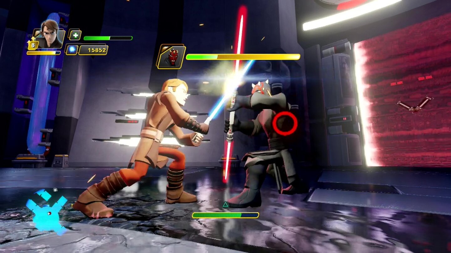 Disney Infinity 3.0: Play Without LimitsLichtschwertduell: Gegen Darth Maul müssen wir alle unsere Tricks und Spezialattacken einsetzen.