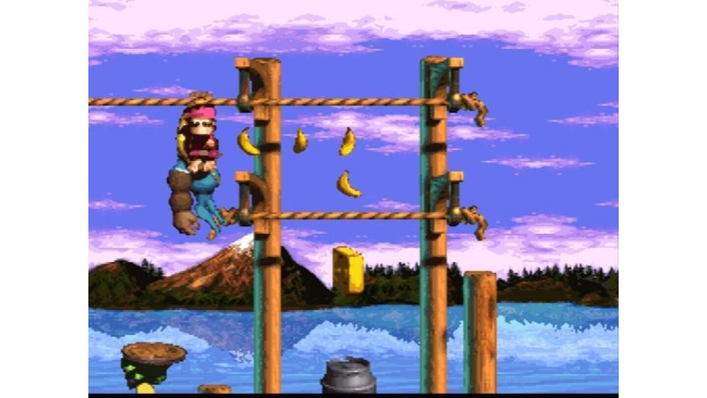 Monkeys hanging on a rope! Collect 100 bananas to get an extra life