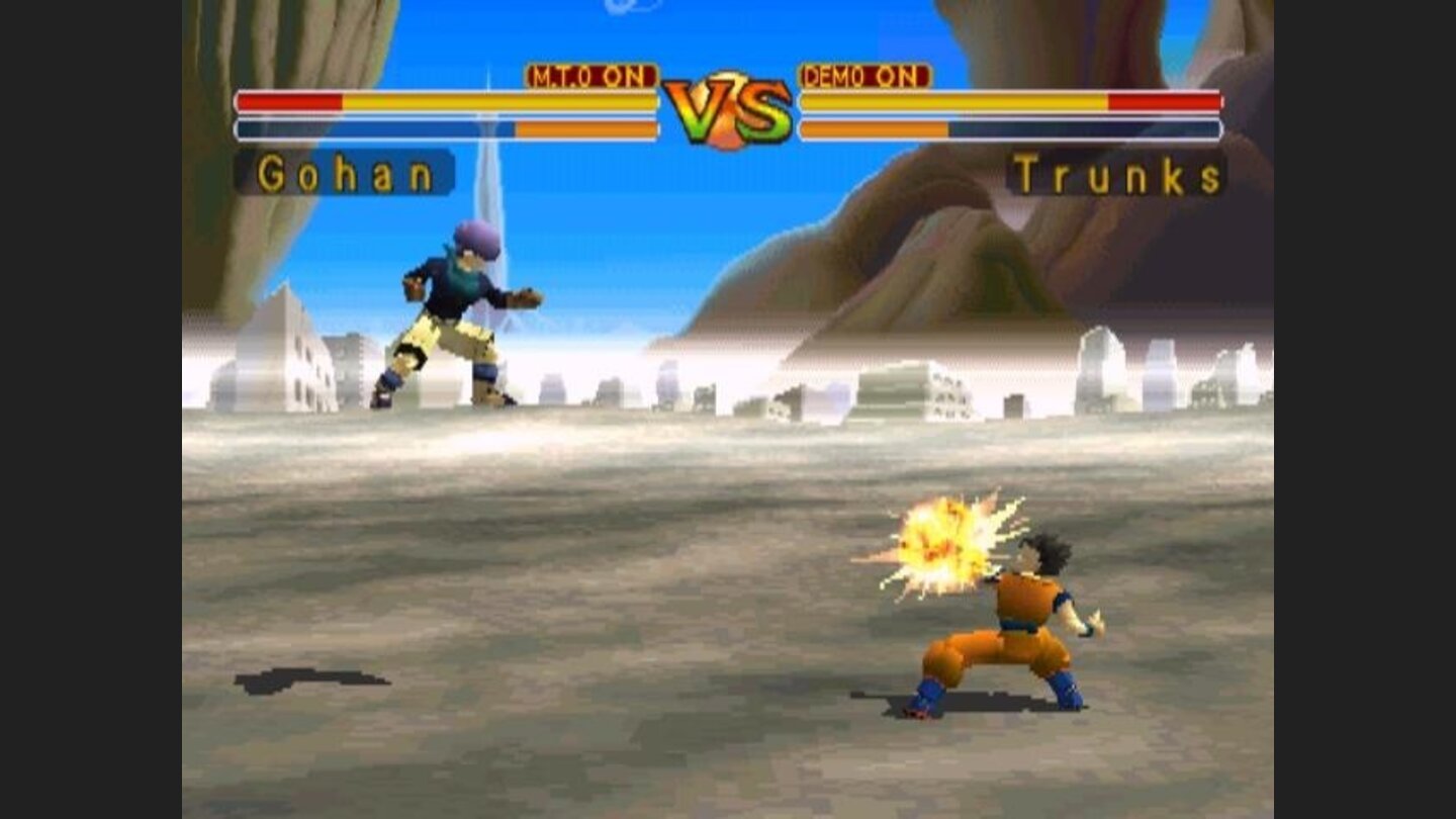 Trunks demonstrates the walk on air flying capability each fighter has, while Gohan unleases some energy projectiles at him.