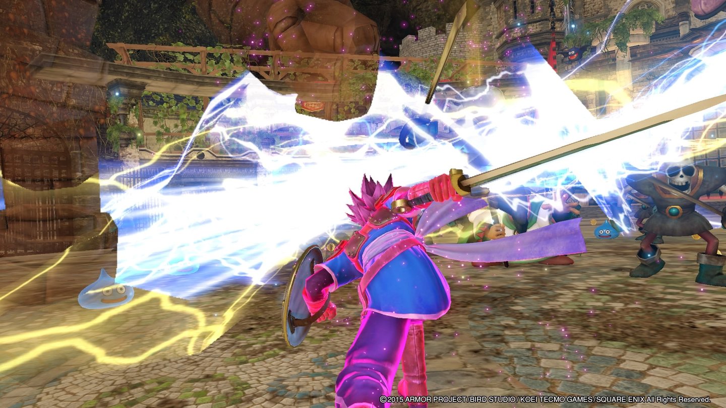 Dragon Quest HeroesProtagonist Lucian setzt hier gerade voll konzentriert (und daher rosa leuchtend) zum vernichtenden Todesstoß an.