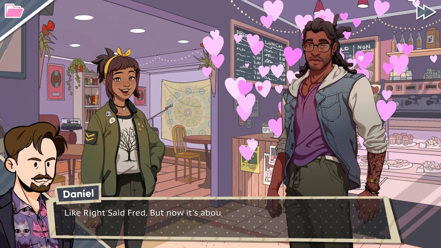 Dream Daddy: A Dad Dating SimulatorWenn wir die richtige Antwort geben, steigen rosa Herzchen auf. Oder Auberginen. Das war dann eine besonders richtige Antwort.