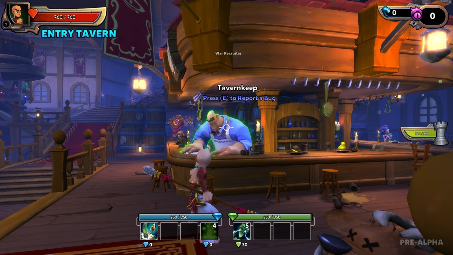 Dungeon Defenders 2Nette Idee: Bugs dürfen wir den Entwicklern per Barkeeper in der Taverne mitteilen.