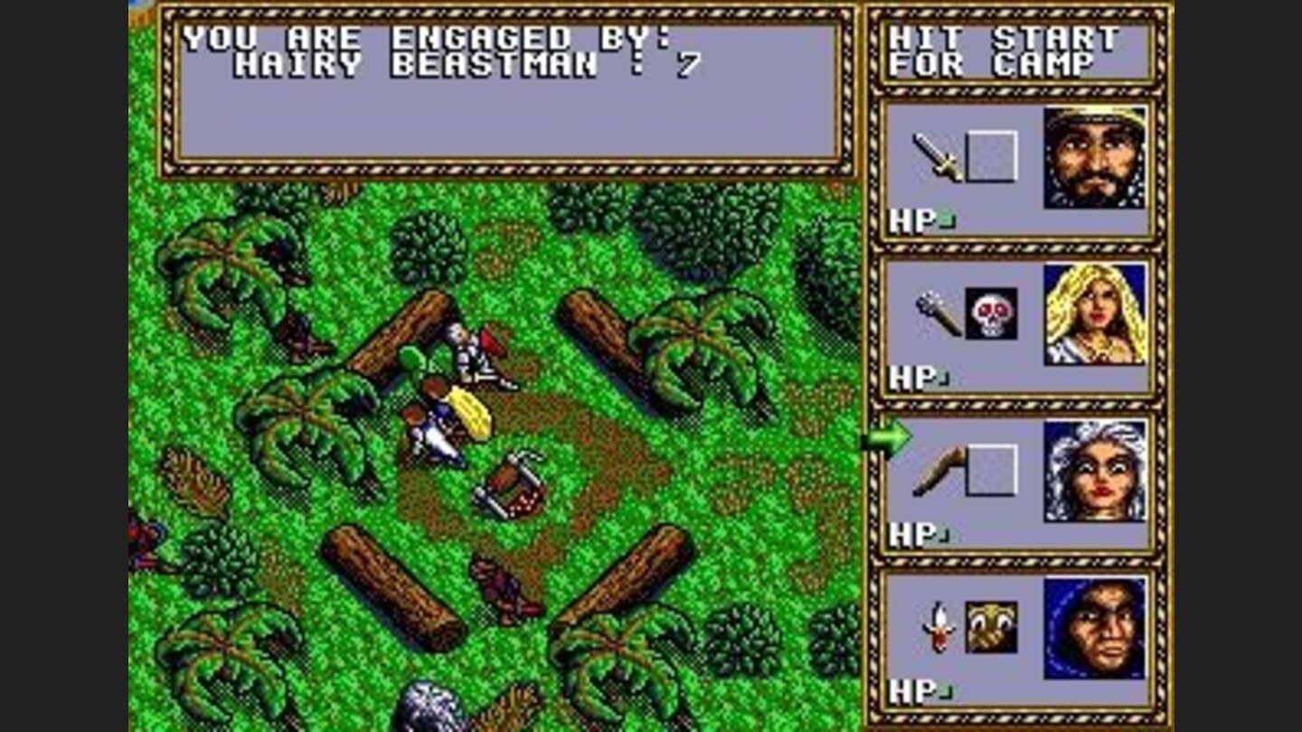 Seven hairy beastmen at the campsite.