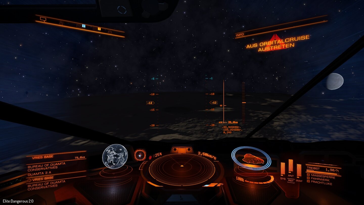 Elite Dangerous Horizons: Auf Planeten landenUnbedingt die Höhe vorerst im türkisfarbenen Winkelbereich halten. Falls wir darüber oder darunter (wie hier im Bild) gehen, wird der Orbitalflug abgebrochen.