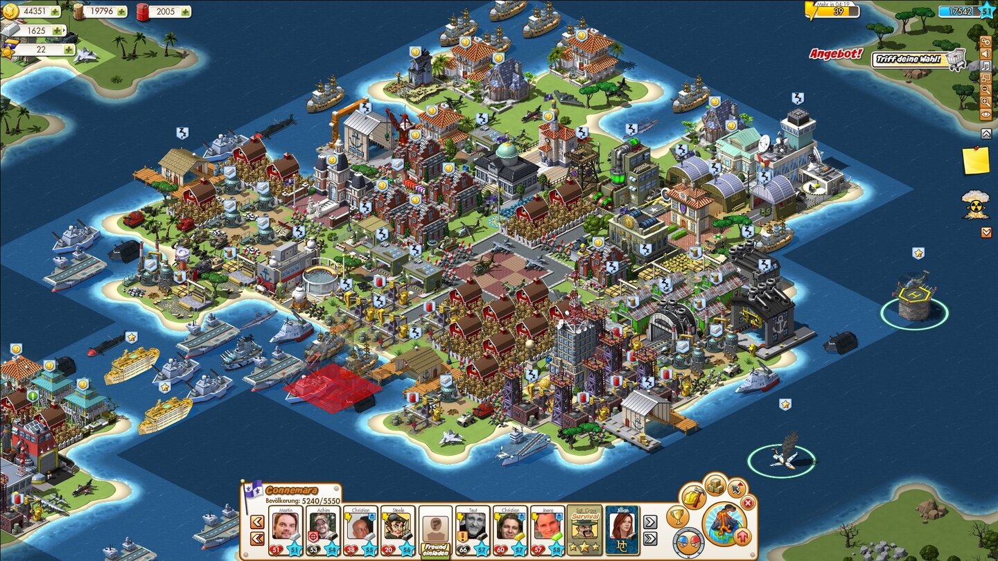 Empires & AlliesNach Monaten Spielzeit und Level 51 ist die Hauptinsel vollgestopft. Die Dunkleren Gebiete drumrum können wir freischalten.