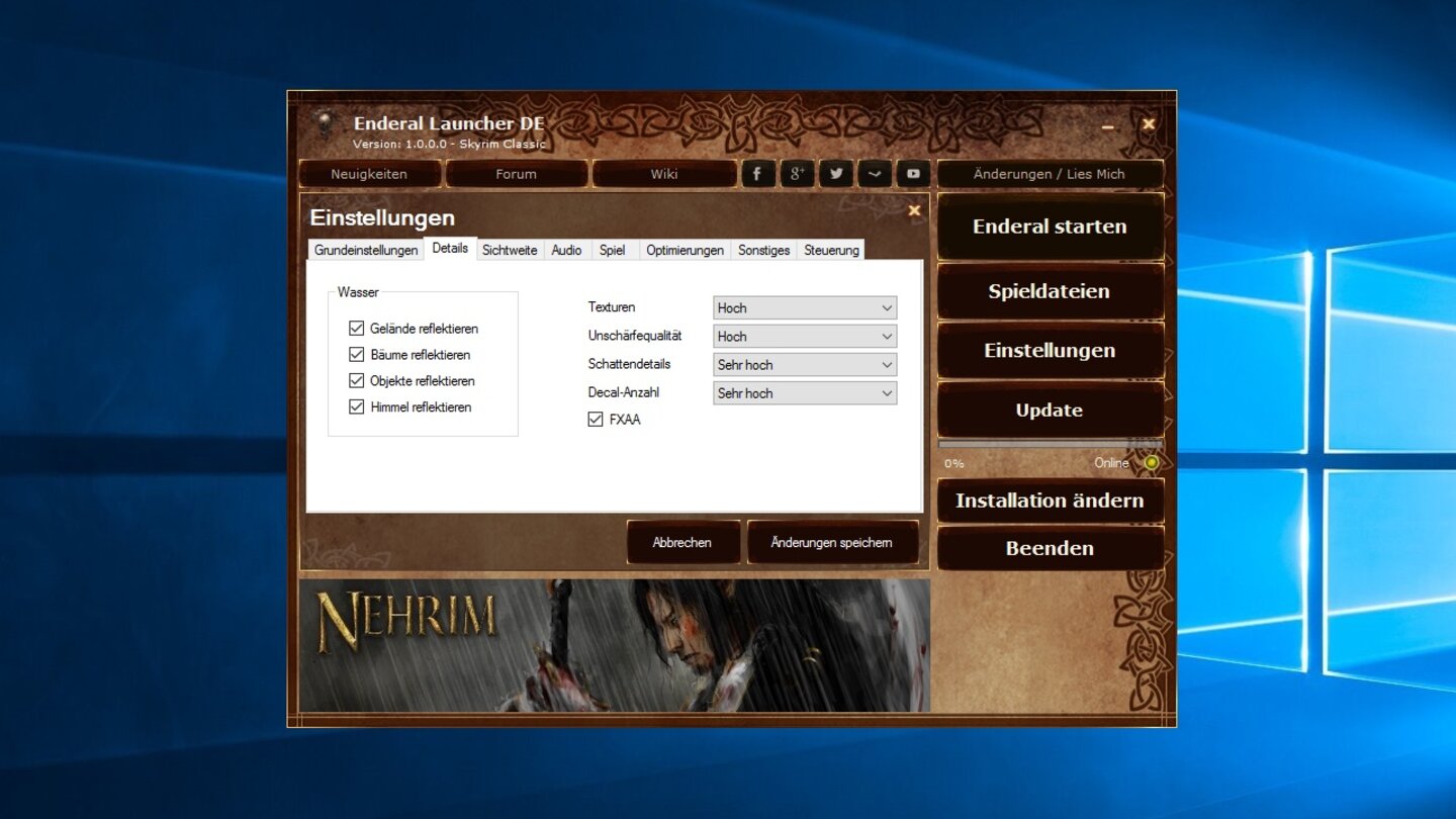 Im Detail-Menü regeln Sie genau wie in Skyrim, welche Objekte mit Reflexionen versehen sein sollen und wie hoch die Qualität von Texturen und anderen Spielelementen ist.