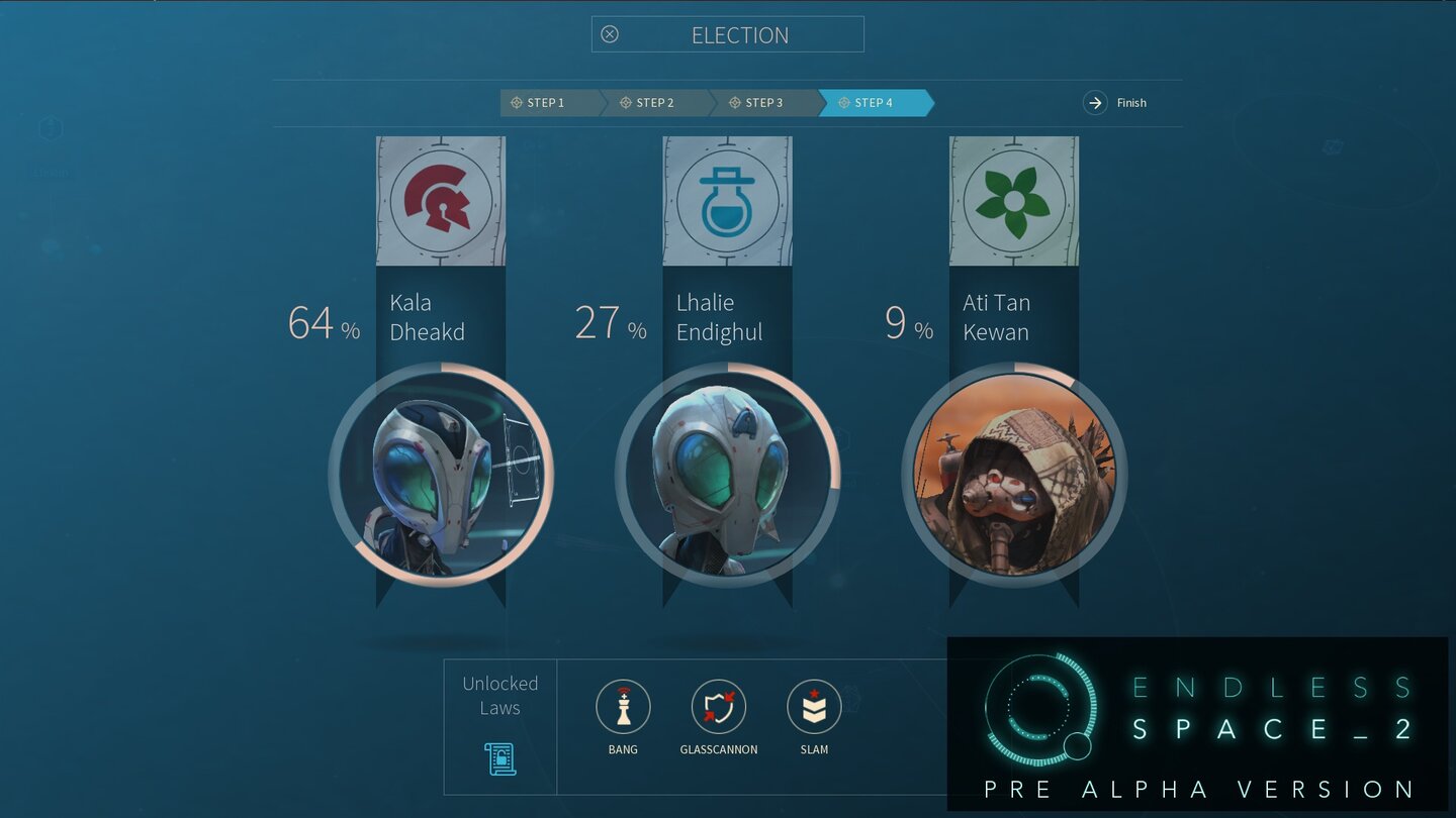 Endless Space 2Das Ergebnis steht fest: Die Militaristen haben mit 64 Prozent eine deutliche Mehrheit im Parlament. Deshalb können wir neue Gesetze erlassen, die unsere Armee stärken.