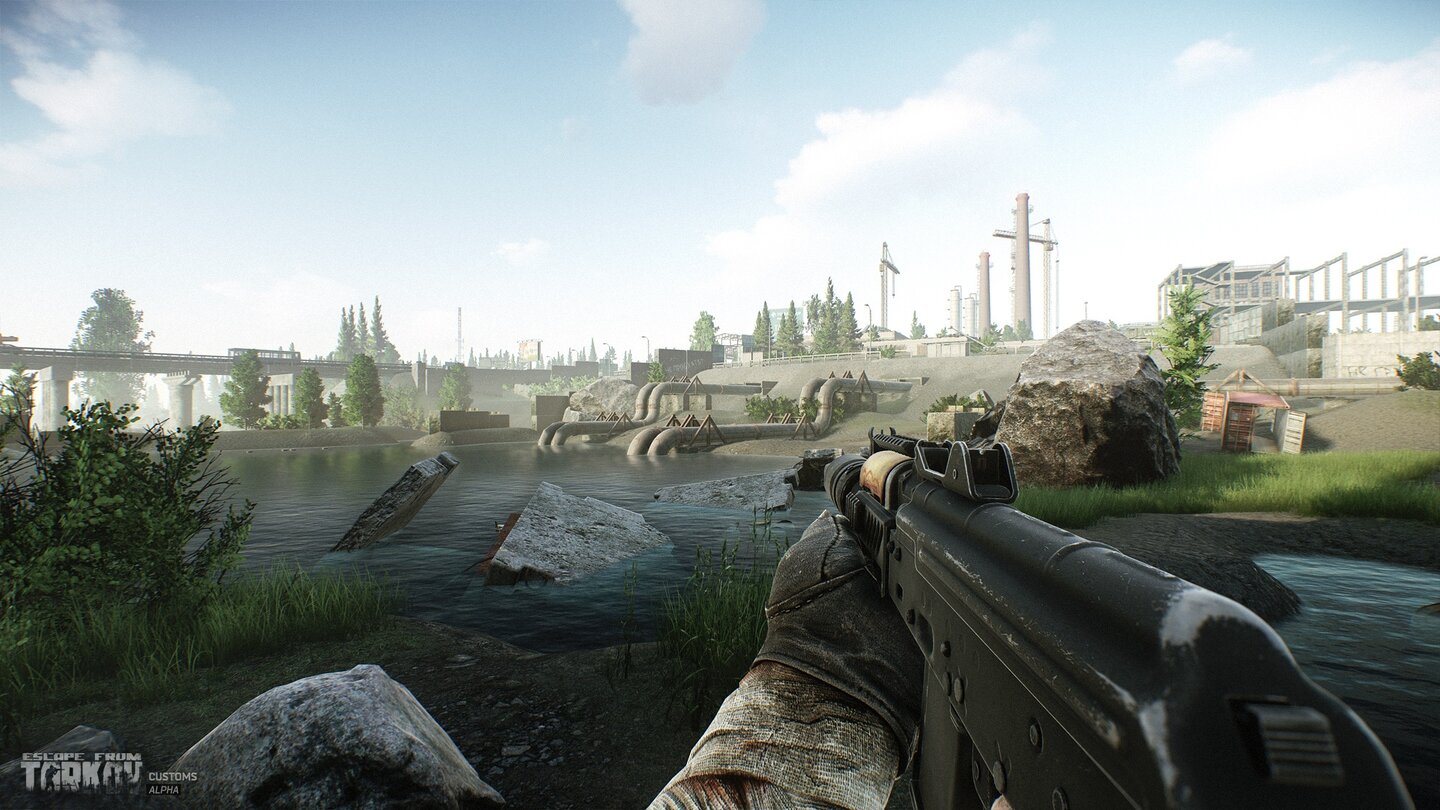 Escape from Tarkov - Screenshots der überarbeiteten Customs-Karte, zeigen unter anderem die neue Brücke und neue Fabrikbereiche. Außerdem wurden versteckte Gänge eingebaut und Loot- und Spieler-Spawn-Punkte angepasst.