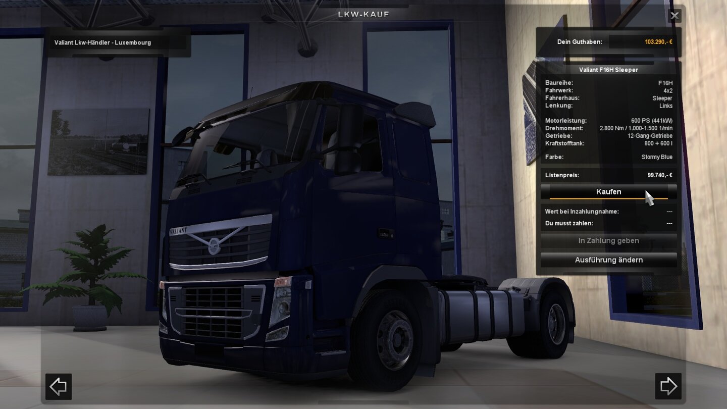 Euro Truck Simulator 2Sieben Lkw-Modelle stehen zum Kauf.