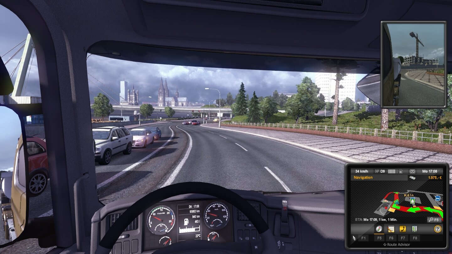 Euro Truck Simulator 2Einige der rund 60 Städte haben Wahrzeichen, hier Kölle und sein Dom.