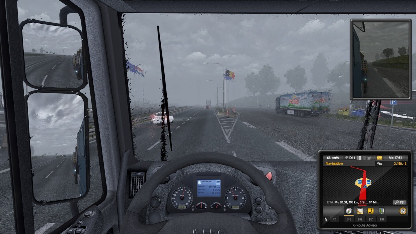 Euro Truck Simulator 2Bei schönem Wetter kann ja jeder fahren! Echte Trucker sind auch im tristen Regen fit – hier am belgischen Grenzübergang. Die belgischen Autobahnen sind übrigens beleuchtet, wie in der Realität.