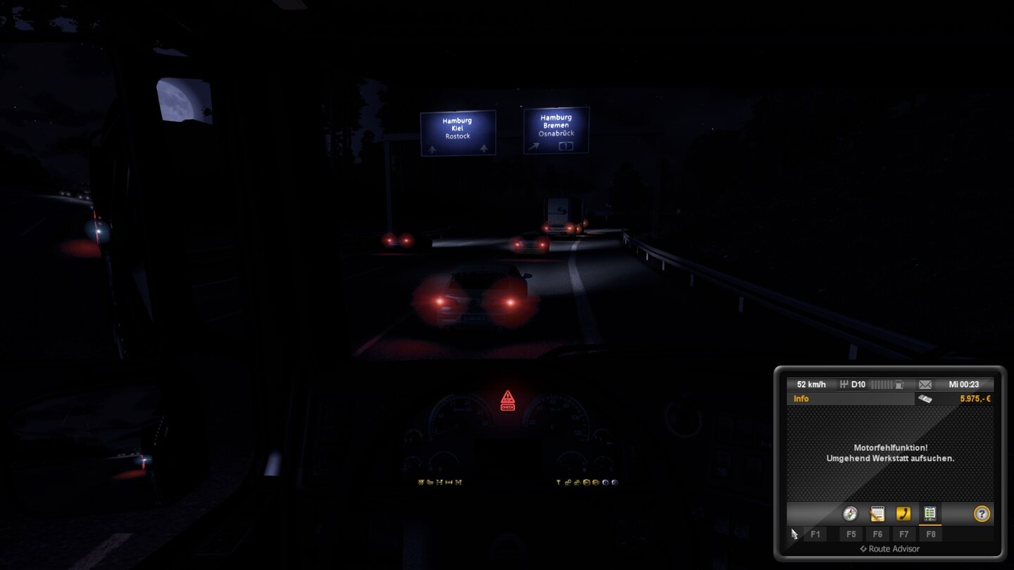 Euro Truck Simulator 2Ein kurzzeitiger Motorausfall, nachts auf der Autobahn. Hoffentlich schaffen wir den Auftrag noch.