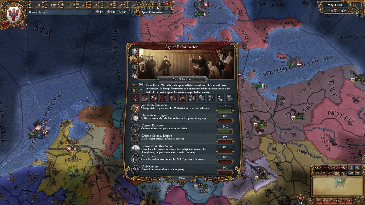 Europa Universalis 4: Mandate of HeavenJede Partie unterteilt sich nun in vier Zeitalter, in jedem davon können wir durch erfüllte Ziele bestimmte Vorteile freischalten.