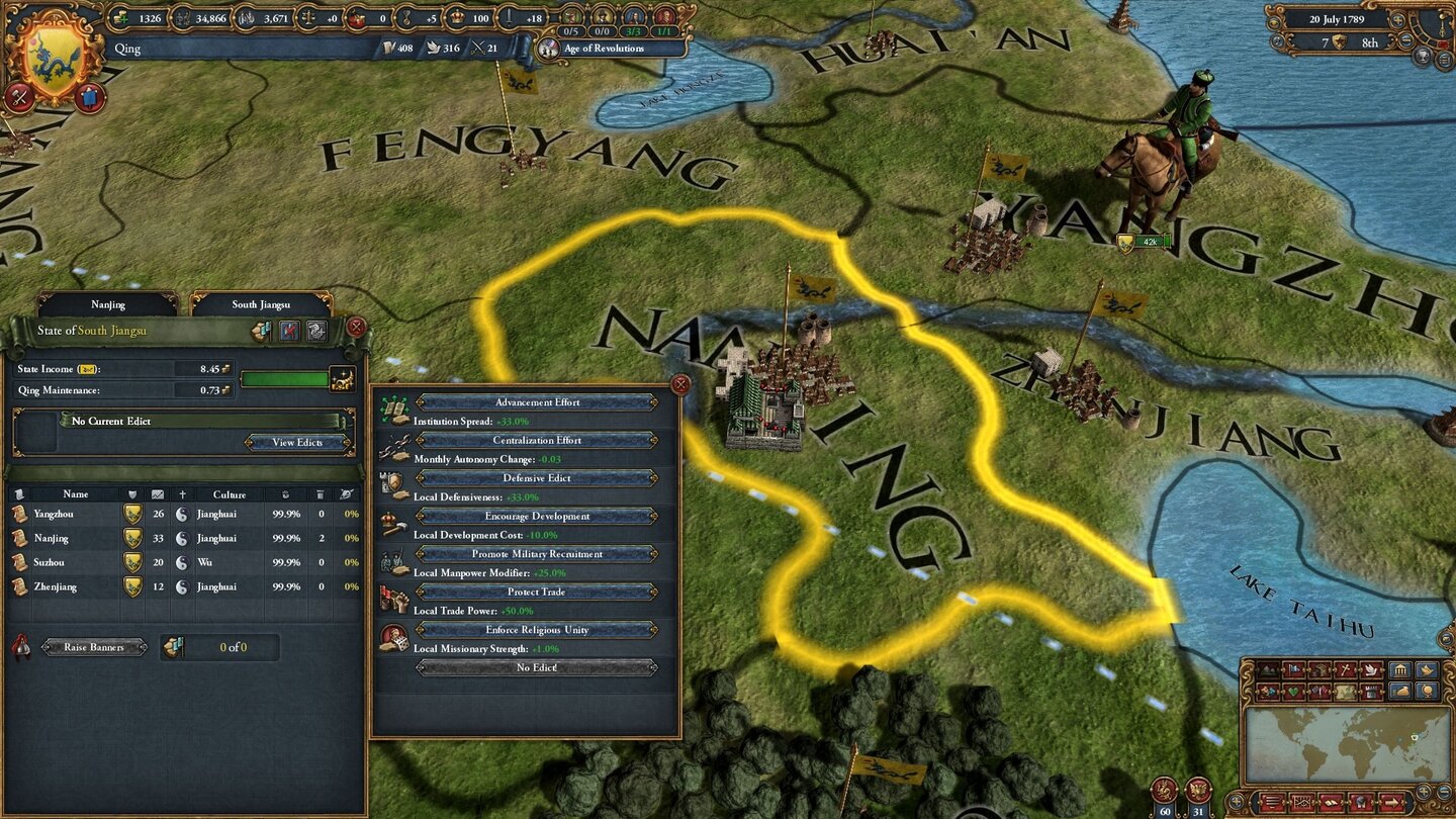 Europa Universalis 4: Mandate of HeavenMit den neuen Edikten lassen sich Regionen gegen Bezahlung vorübergehend stärken.