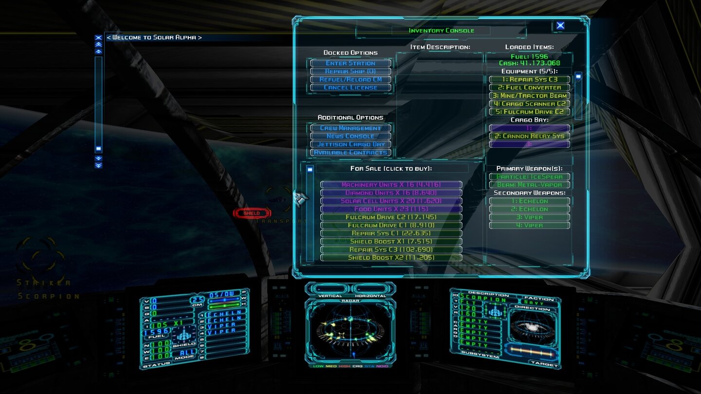 Evochron Mercenary„Solar Alpha“, die Haupthandelsstation und eines der Zentren des Evochron-Universums. Die roten Markierungen weisen den Weg zur Docking Station.