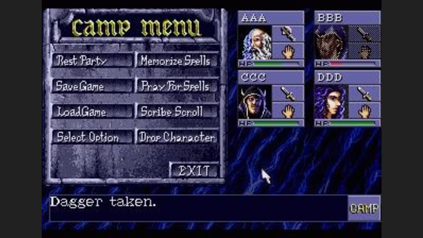 Camp menu screen