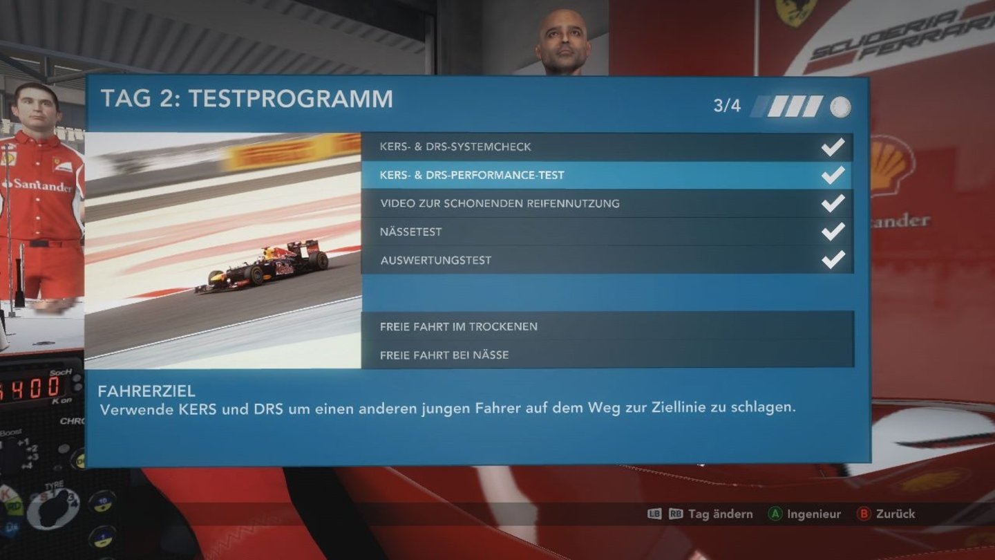 F1 2012 - Screenshots aus der Xbox-VersionAuch ein einigermaßen umfangreiches Testprogramm mit unterschiedlichen Lektionen ist im Spiel verfügbar.