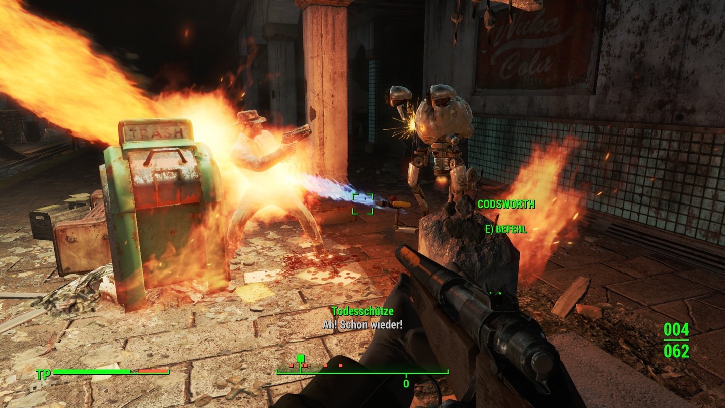 Fallout 4 (PC)Robobutler Codsworth war früher mal für Hausarbeit zuständig, jetzt brutzelt er Feinde mit seinem Flammenwerfer.