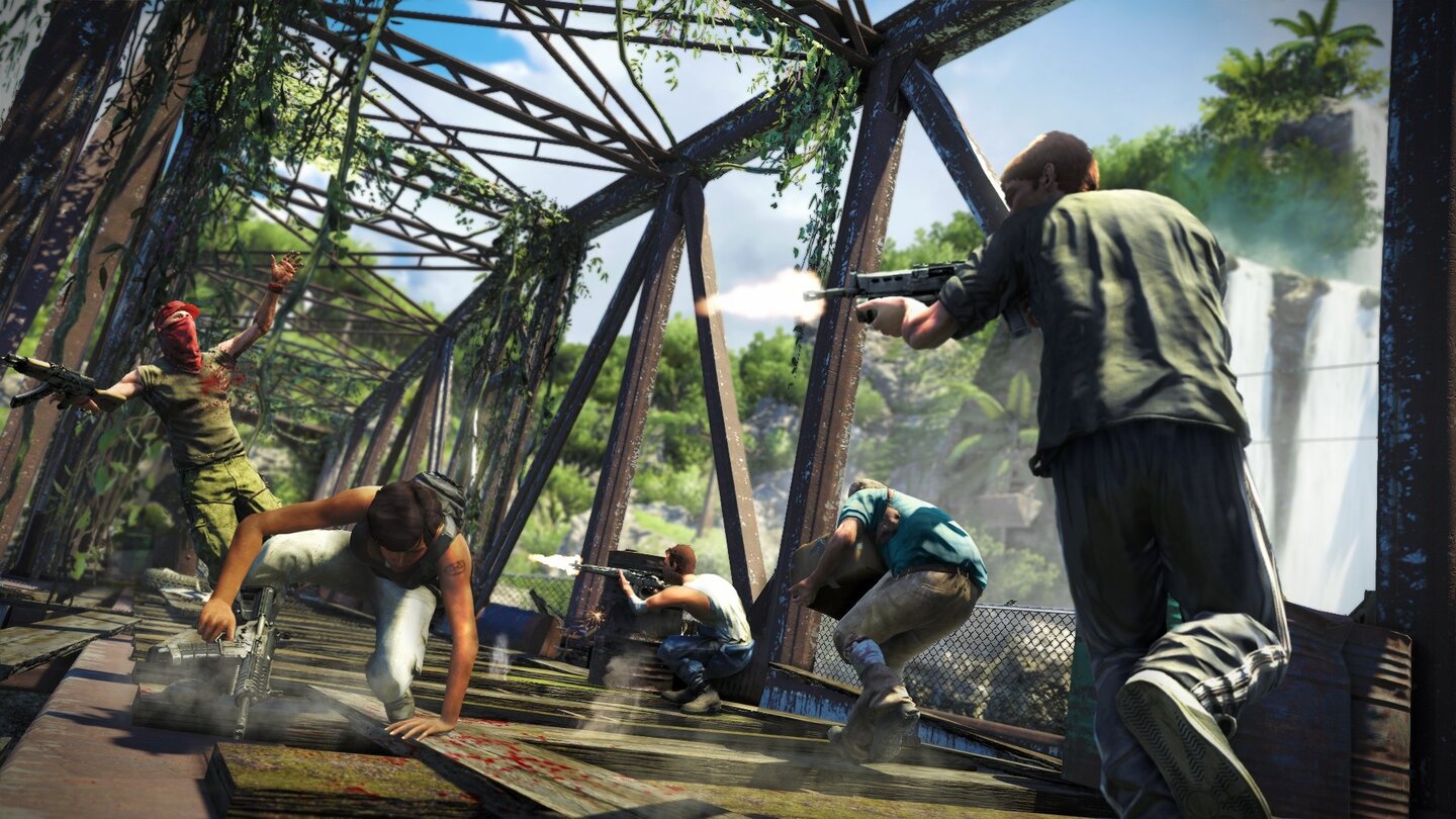 Far Cry 3Während ein Spieler das Questobjekt herumträgt, gibt ihm der Rest der Gruppe Feuerschutz.