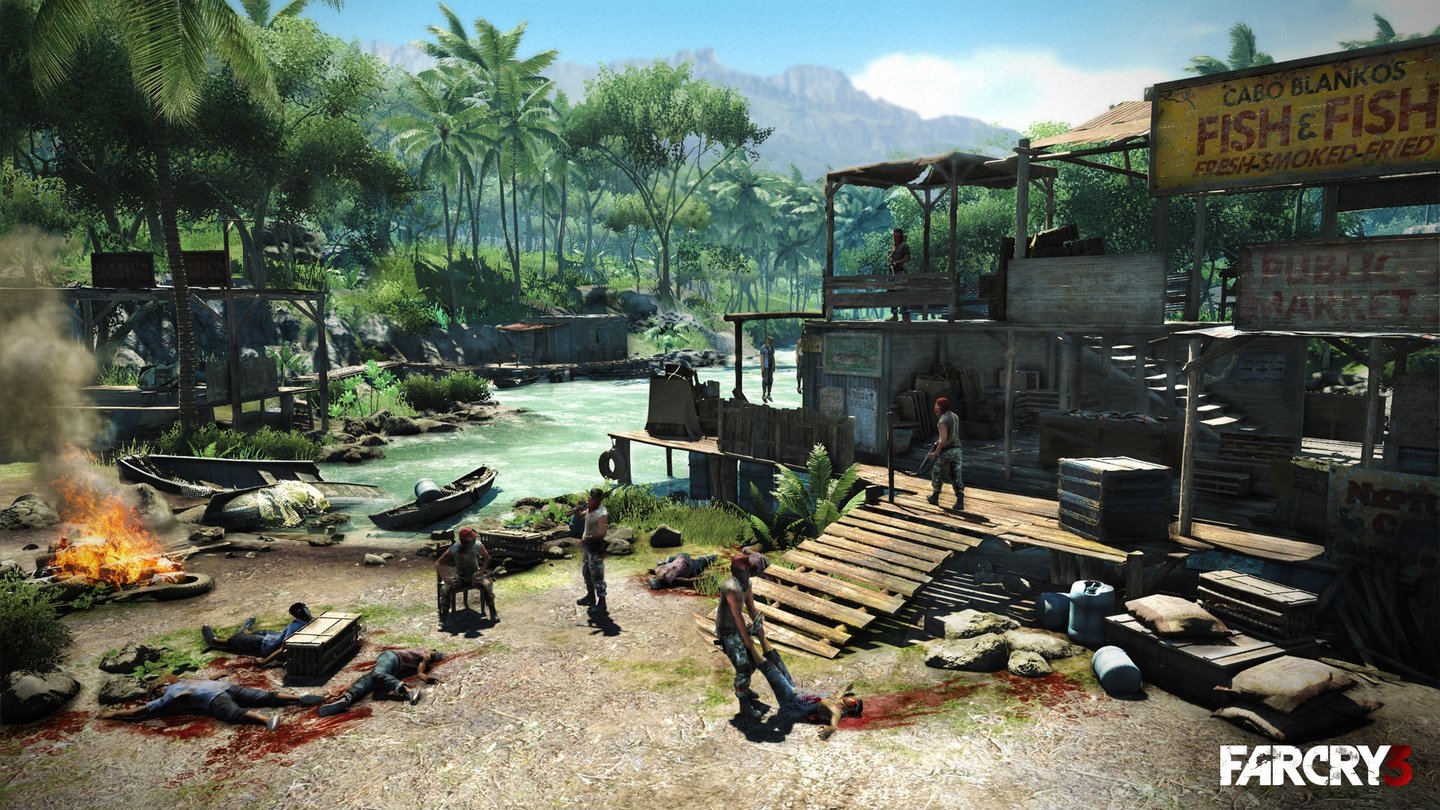 Far Cry 3Die Bösewichter haben es sich offenbar zum Ziel gesetzt, die Inselbewohner auszurotten. Hier werden mehrere Leichen zusammen gelegt.
