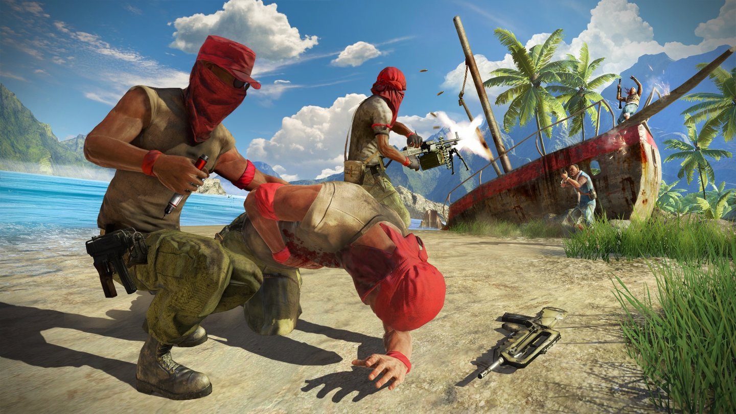 Far Cry 3 - Multiplayer-ScreenshotsRettung vor dem Tod: Um seinen Mitstreiter wieder auf die Beine zu bringen, zückt der Pirat eine Spritze, während ein weiterer der Söldner im Hintergrund Feuerschutz gibt.