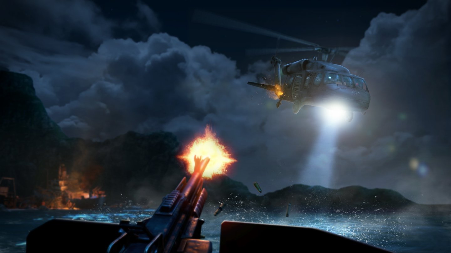 Far Cry 3MG an Bord: Der Hubschrauberpilot hat sich zu früh gefreut, vom Boot aus feuern wir zurück.