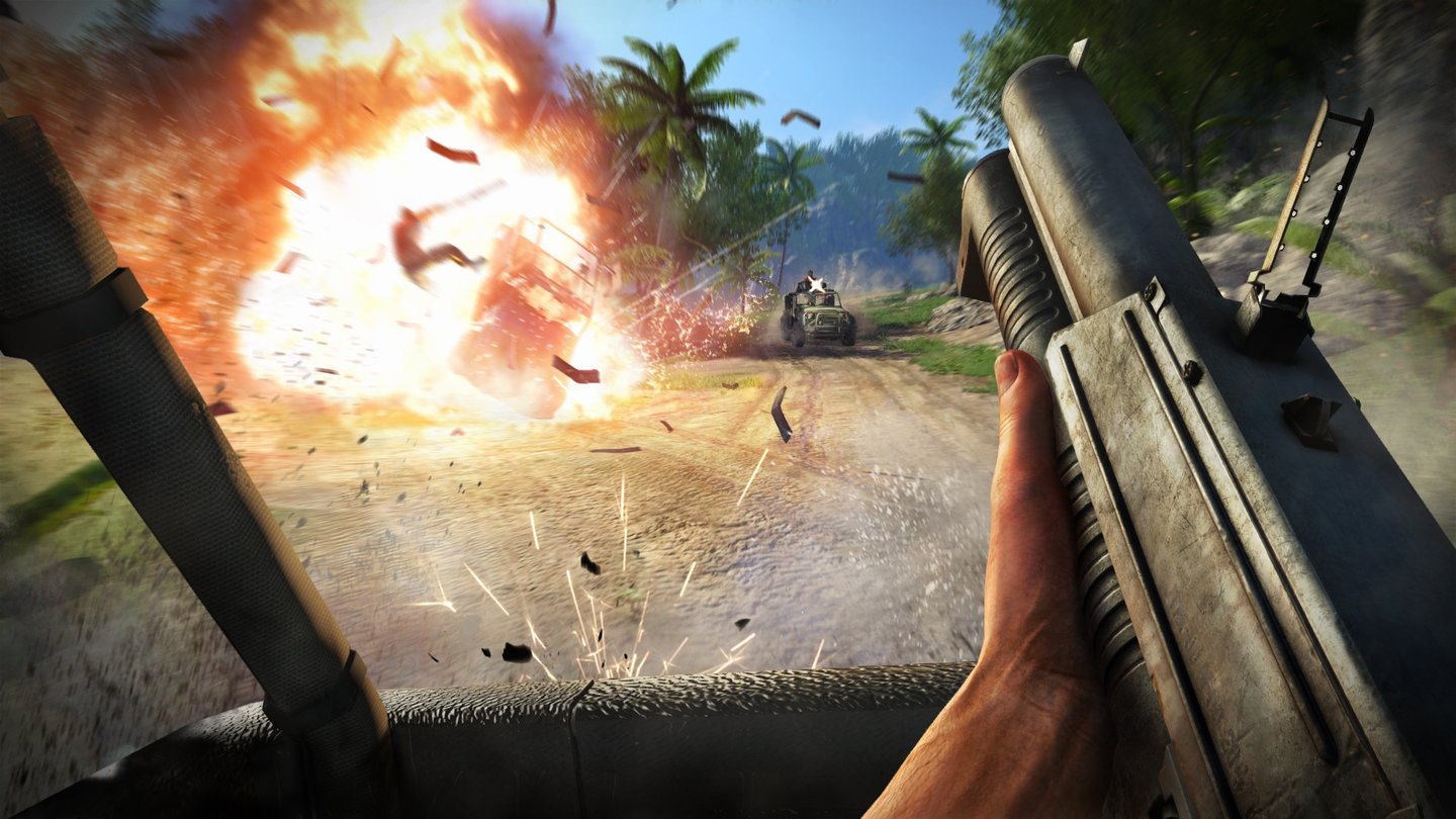 Far Cry 3Verkehrsstaubeseitigung auf der Rook- Insel: Mit einem Granatwerfer lichten wir die gegnerische Autokolonne.