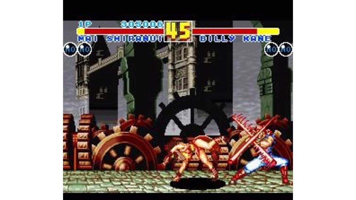 Mai Shiranui vs. first boss Billy Kane in front of the Tower Bridge