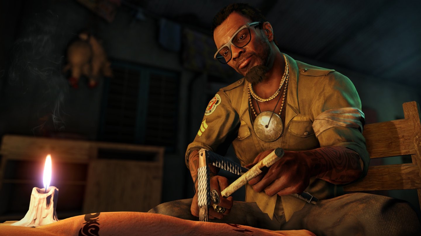 Far Cry 3Dennis Rogers macht uns mit dem »Weg des Kriegers« vertraut. Für jeden gelernten Skill bekommt unsere Spielfigur eine weitere Tätowierung eingeritzt.