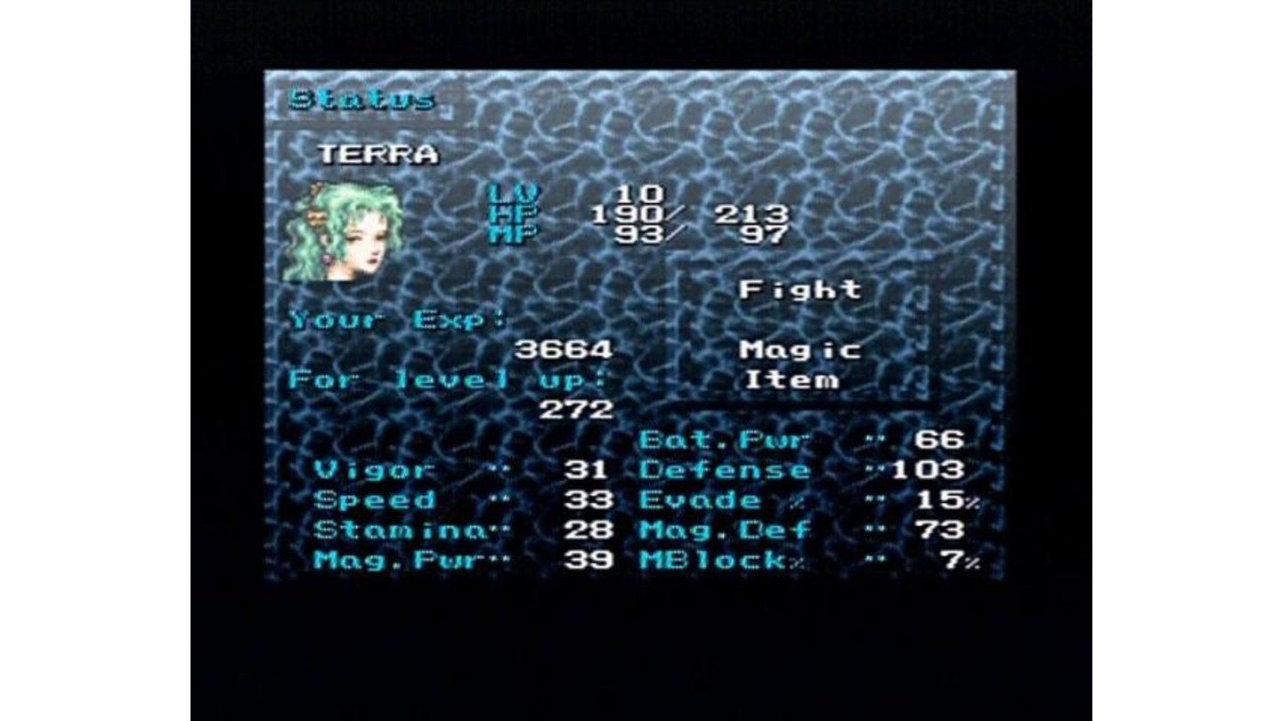 Checking your character stats (note how the background display is selectable).