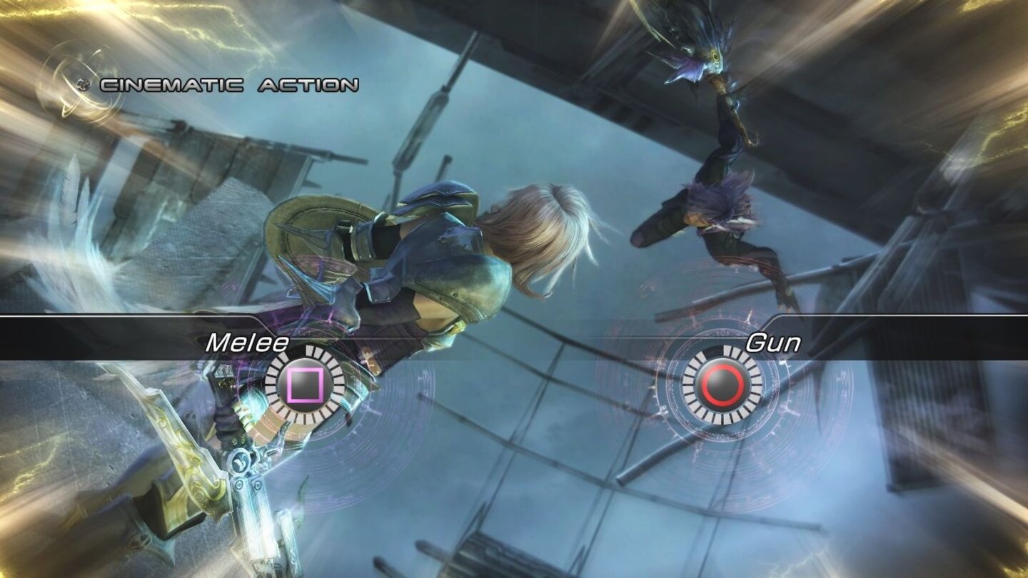 Final Fantasy XIII-2Die neue Cinematic Action zieht den Spieler ins Geschehen herein. Mit schnellen Reaktionen müsst ihr den stürmischen Angriffen von Caius ausweichen und ihn im richtigen Moment angreifen.