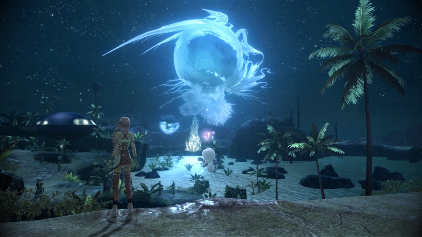 Final Fantasy XIII-2Die Handlung beginnt drei Jahre nach dem Ende von Final Fantasy XIII. Im Hintergrund seht ihr auf einer Kristallsäule Cocoon ruhen.
