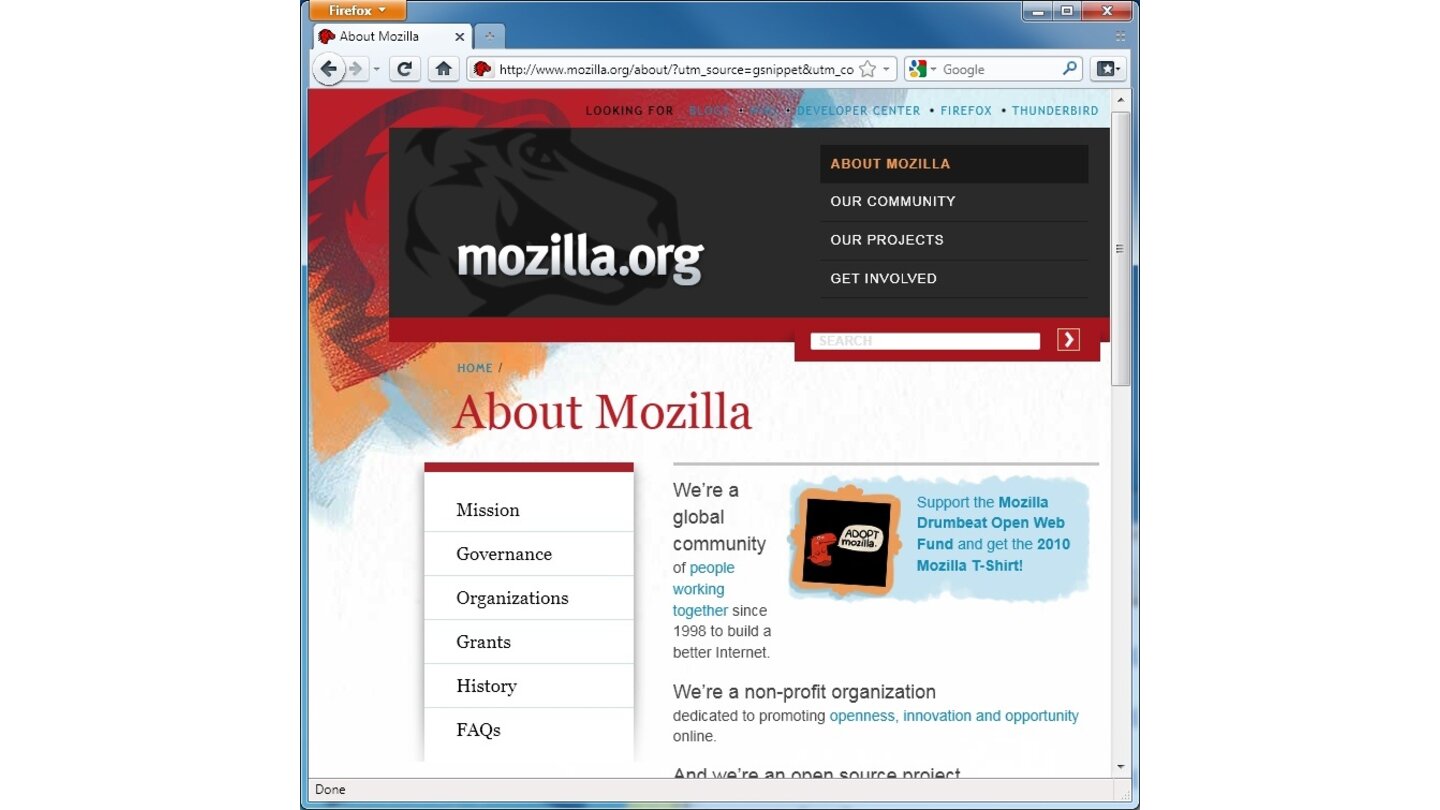 Firefox 4 besitzt eine neue Programmoberfläche, bei der statt der Menüzeile ein großer Button die gleiche Funktion übernimmt.