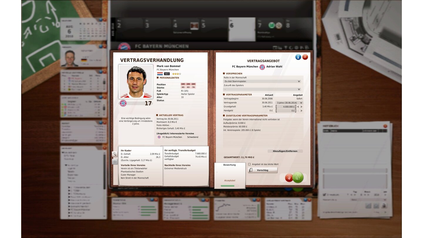 Fussball Manager 11 - Bei Vertragsverhandlungen sehen Sie links unten die Vor- und Nachteile Ihres Vereins.