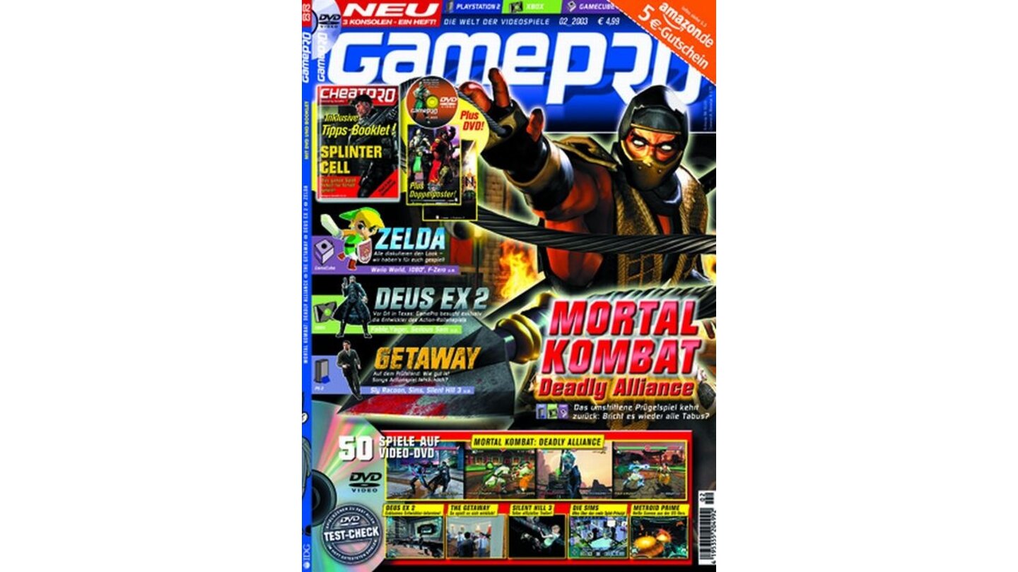 GamePro 02/2003mit Mortal Kombat: Deadly Alliance-Titelstory und Tests zu The Getaway, Die Sims, und Baldurs Gate. Außerdem: Previews zu Zelda: Wind Waker, Fable, Tomb Raider und F-Zero.